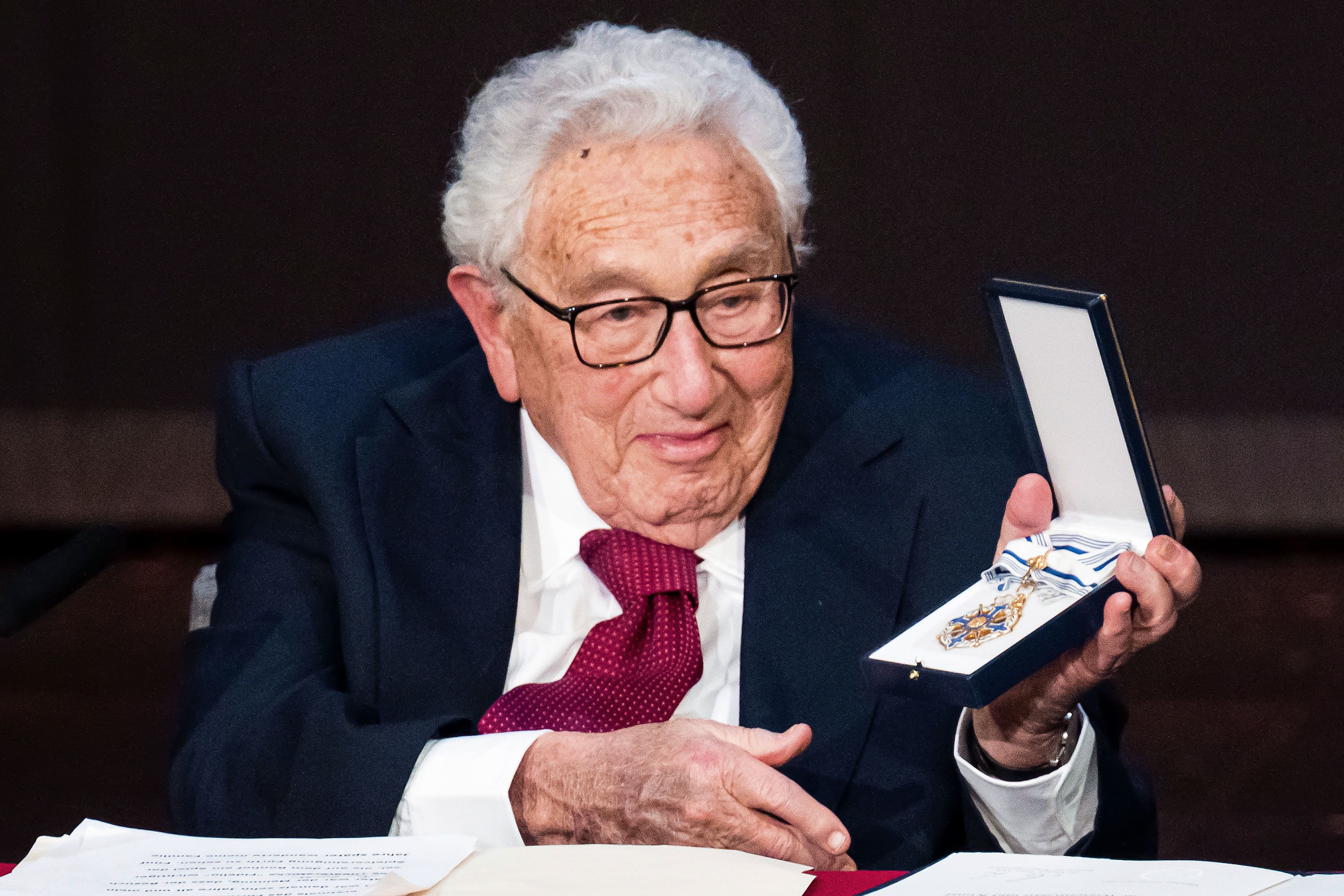 Kissinger receives the Bavarian Order of Maximilian for Science and the Arts during a reception at his birthplace of Fürth, Germany, in June 2023.