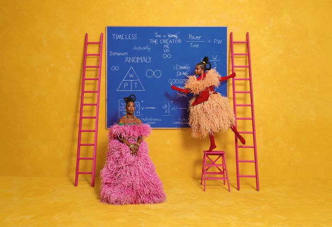 Poet Amanda Gorman and writer Margot Lee Shetterly take us to school with messages on a blue chalkboard. Bold block colors are a signature of Gyasi's work.