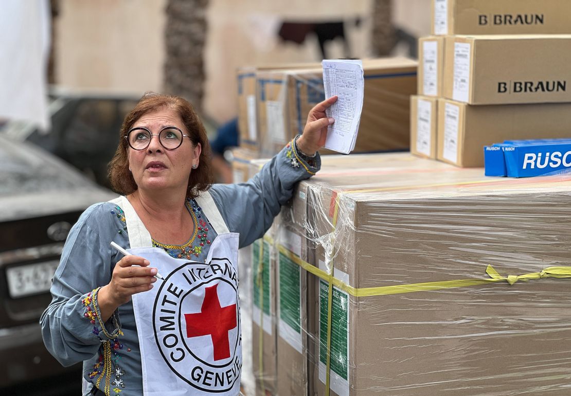 Members of the International Committee of the Red Cross (ICRC) members deliver medical aid to the Nasser Medical Hospital in Khan Younis, Gaza, on Sunday, Oct. 29, 2023. Authorities in Hamas-run Gaza said Israeli attacks have killed 8,306 Palestinians since Oct. 7. Photographer: Ahmad Salem/Bloomberg via Getty Images