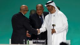 United Arab Emirates Minister of Industry and Advanced Technology and COP28 President Sultan Ahmed Al Jaber holds a gavel next to Egyptian Foreign Minister and COP27 President Sameh Shoukry during the United Nations Climate Change Conference (COP28) opening in Dubai, United Arab Emirates, November 30, 2023. REUTERS/Amr Alfiky