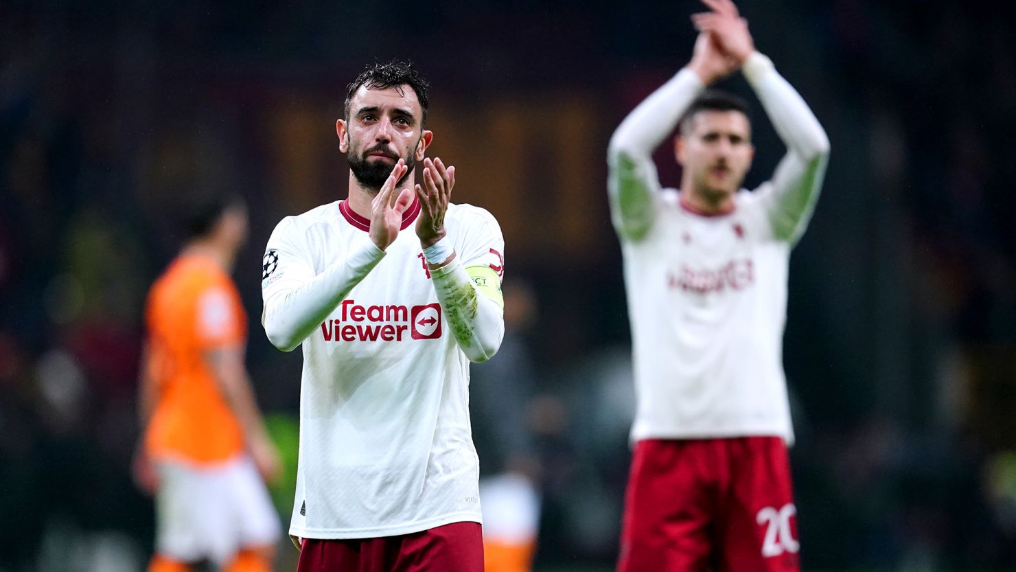 Manchester United's Bruno Fernandes applauds the fans at the end of the UEFA Champions League Group A match at RAMS Park, Istanbul. Picture date: Wednesday November 29, 2023. (Photo by Nick Potts/PA Images via Getty Images)