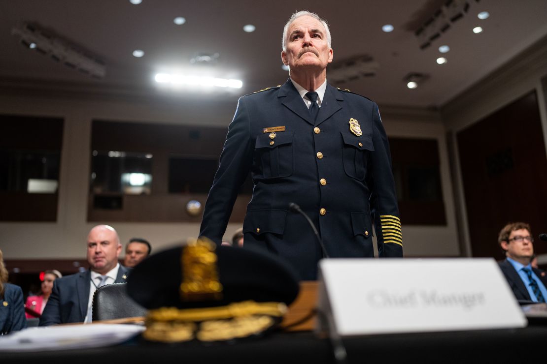 WASHINGTON - JULY 26: U.S. Capitol Police Chief Thomas Manger prepares to testify duirng the Senate Rules and Administration Committee and House Administration Committee joint oversight hearing to examine the Capitol Police Board on Wednesday, July 26, 2023. (Bill Clark/CQ-Roll Call, Inc via Getty Images)