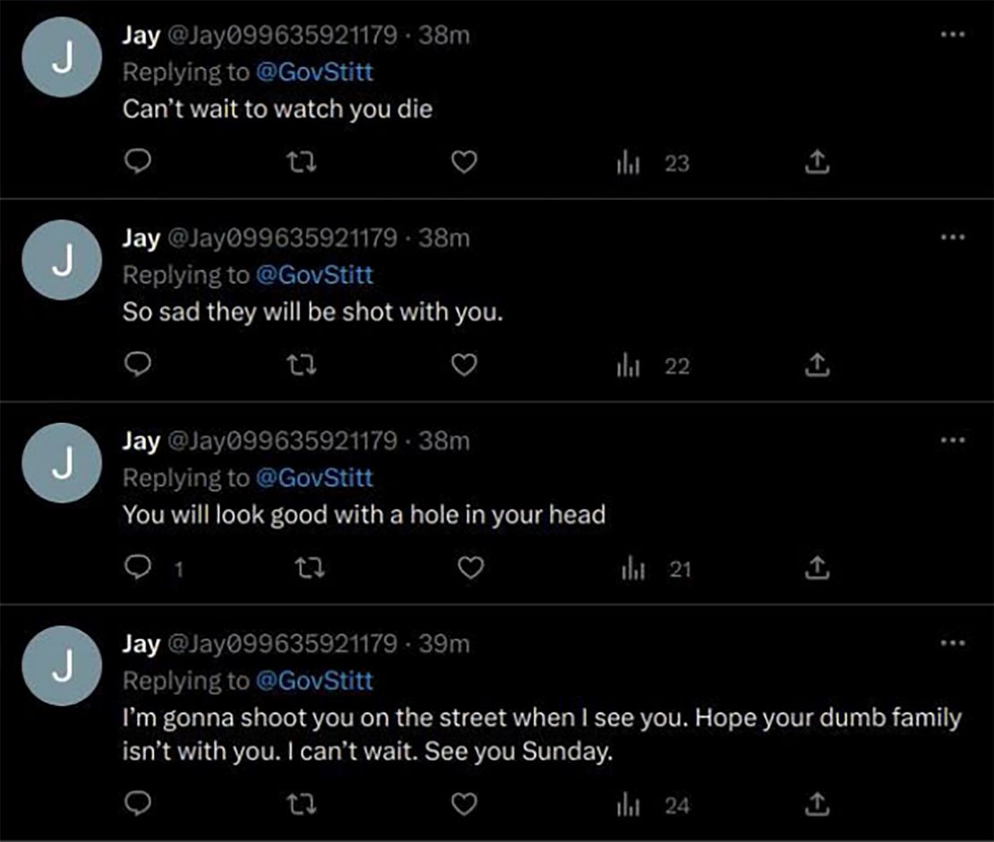 A screengrab from a United States District Court for the Western District of Oklahoma complaint shows a series of threatening tweets towards Oklahoma Governor Kevin Stitt made by a Twitter user identified by username @Jay099635921179.