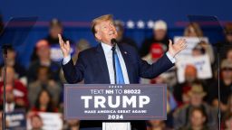 CLAREMONT, NEW HAMPSHIRE - NOVEMBER 11:  Republican presidential candidate former President Donald Trump delivers remarks during a campaign event on November 11, 2023 in Claremont, New Hampshire. The defense is scheduled to start presenting its case on Monday in Trump's fraud case. (Photo by Scott Eisen/Getty Images)