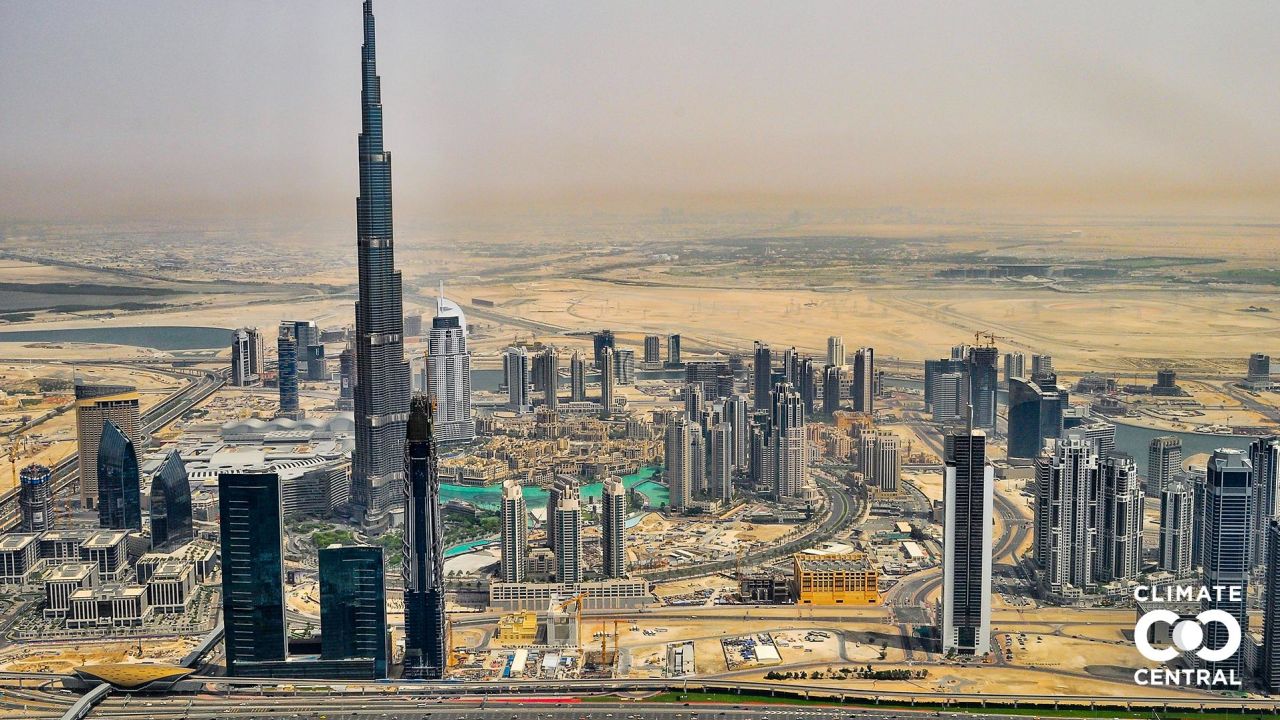 A photo illustration of the Burj Khalifa in Dubai, United Arab Emirates, if we sharply cut carbon pollution (1.5°C global warming).

These photo illustrations show projected future sea levels at Burj Khalifa in Dubai, United Arab Emirates due to human-caused global warming under two different scenarios. Climate and energy choices in the coming few decades could set the destination, but the timing of rise is more difficult to project: these sea levels may take hundreds of years to be fully realized.