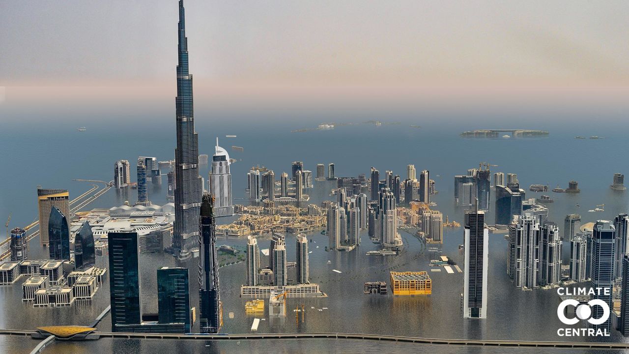 A photo illustration of the Burj Khalifa in Dubai, United Arab Emirates, if we keep our current carbon path (3°C global warming).

These photo illustrations show projected future sea levels at Burj Khalifa in Dubai, United Arab Emirates due to human-caused global warming under two different scenarios. Climate and energy choices in the coming few decades could set the destination, but the timing of rise is more difficult to project: these sea levels may take hundreds of years to be fully realized.