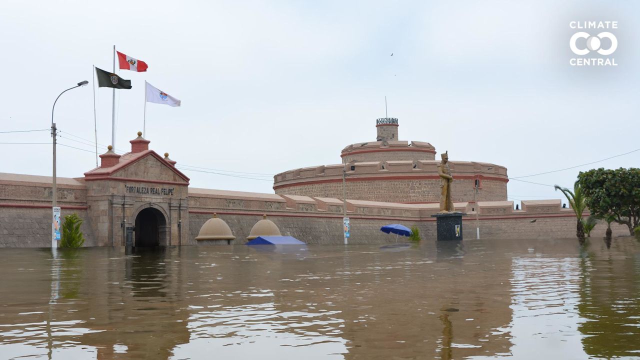 A photo illustration of the Fortaleza del Real Felipe in Lima, Peru, if we keep our current carbon path (3°C global warming).

These photo illustrations show projected future sea levels at Fortaleza del Real Felipe in Lima, Peru due to human-caused global warming under two different scenarios. Climate and energy choices in the coming few decades could set the destination, but the timing of rise is more difficult to project: these sea levels may take hundreds of years to be fully realized.