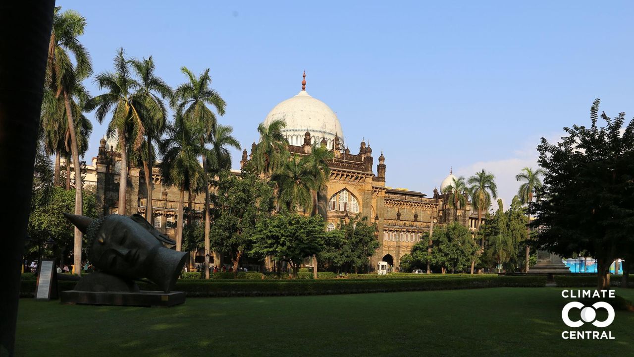 A photograph of Chhatrapati Shivaji Maharaj Vastu Sangrahalaya in Mumbai, India, if we sharply cut carbon pollution (1.5°C global warming).

These photo illustrations show projected future sea levels at Chhatrapati Shivaji Maharaj Vastu Sangrahalaya in Mumbai, India due to human-caused global warming under two different scenarios. Climate and energy choices in the coming few decades could set the destination, but the timing of rise is more difficult to project: these sea levels may take hundreds of years to be fully realized.