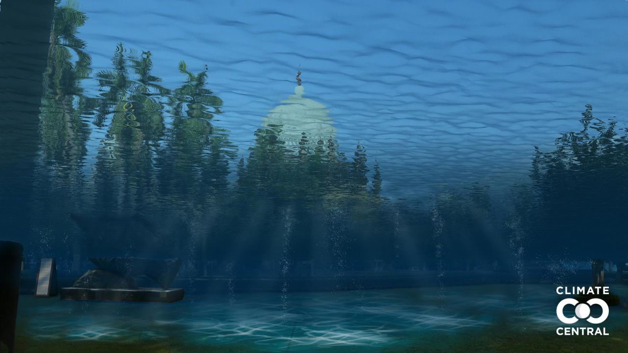 A photo illustration of Chhatrapati Shivaji Maharaj Vastu Sangrahalaya in Mumbai, India, if we keep our current carbon path (3°C global warming).

These photo illustrations show projected future sea levels at Chhatrapati Shivaji Maharaj Vastu Sangrahalaya in Mumbai, India due to human-caused global warming under two different scenarios. Climate and energy choices in the coming few decades could set the destination, but the timing of rise is more difficult to project: these sea levels may take hundreds of years to be fully realized.