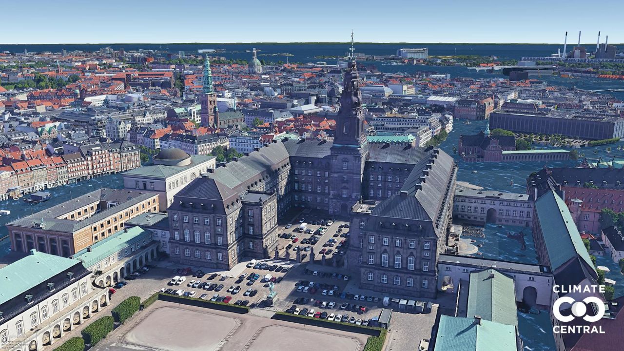 A photo illustration of Christiansborg Palace in Copenhagen, Denmark, if we sharply cut carbon pollution (1.5°C global warming).

These photo illustrations show projected future sea levels at Christiansborg Palace in Copenhagen, Denmark due to human-caused global warming under two different scenarios. Climate and energy choices in the coming few decades could set the destination, but the timing of rise is more difficult to project: these sea levels may take hundreds of years to be fully realized.