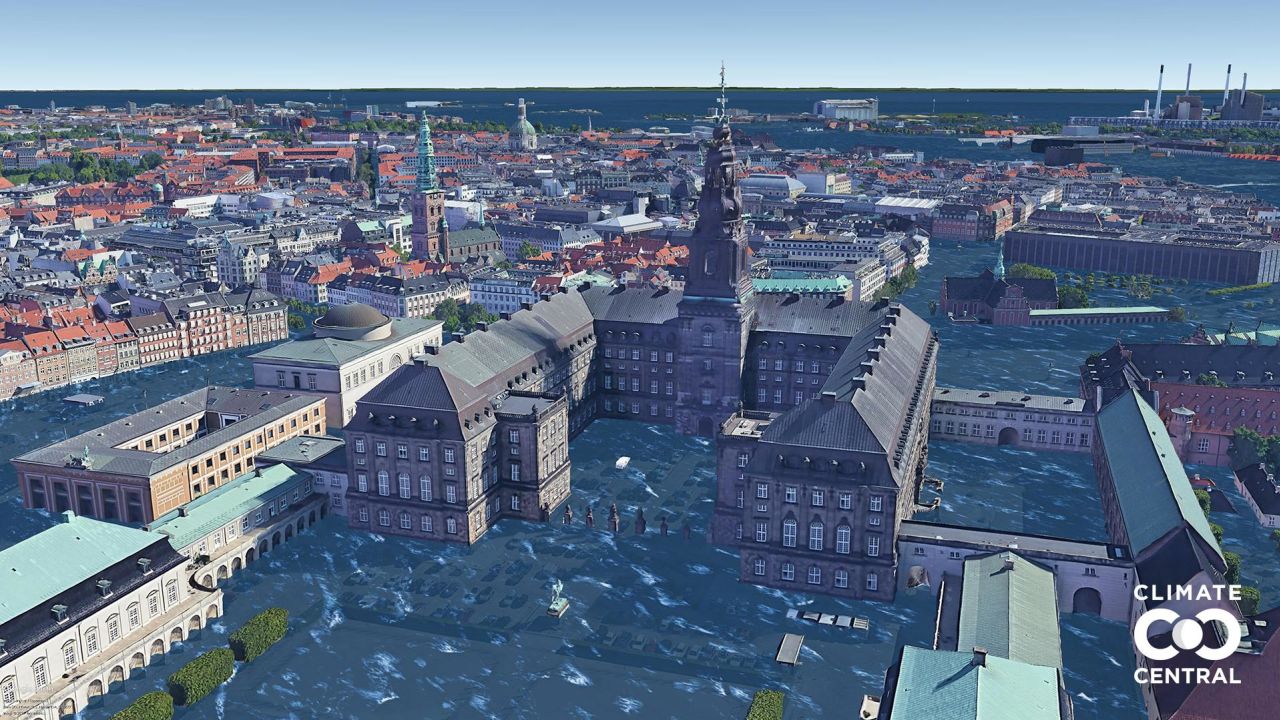 A photo illustration of Christiansborg Palace in Copenhagen, Denmark, if we keep our current carbon path (3°C global warming).

These photo illustrations show projected future sea levels at Christiansborg Palace in Copenhagen, Denmark due to human-caused global warming under two different scenarios. Climate and energy choices in the coming few decades could set the destination, but the timing of rise is more difficult to project: these sea levels may take hundreds of years to be fully realized.