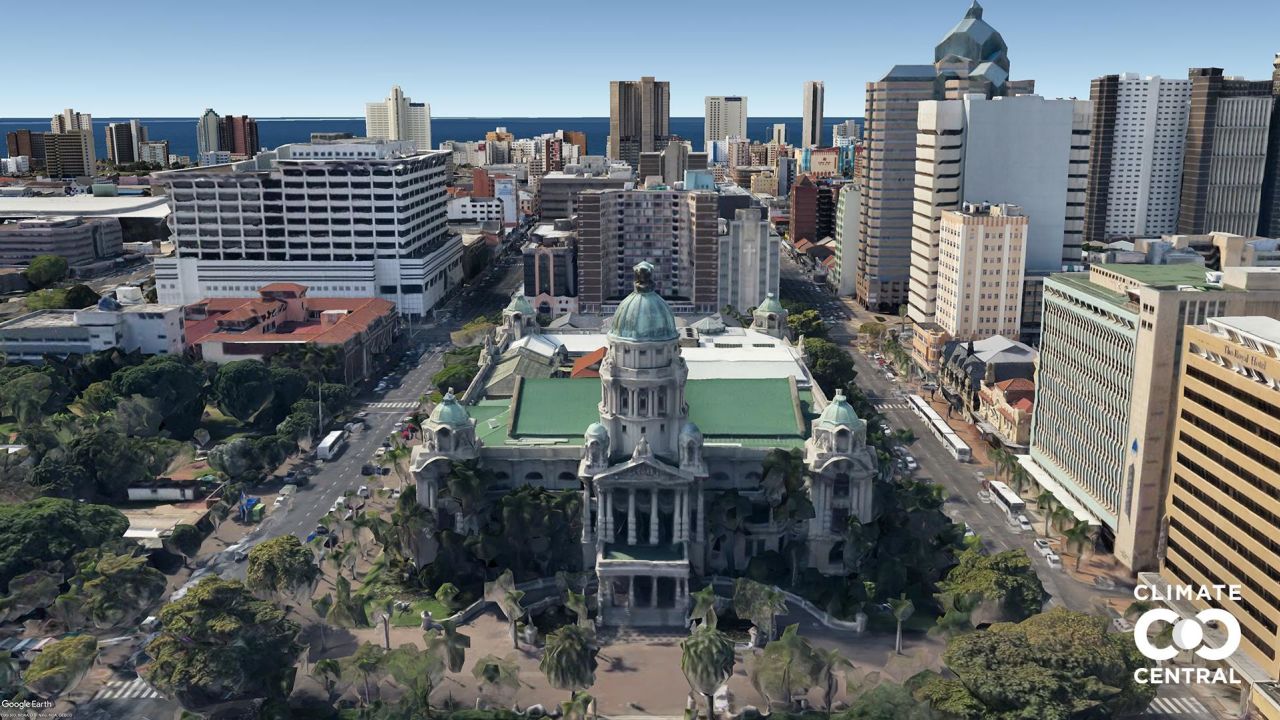 A photo illustration of Durban City Hall in Durban, South Africa, if we sharply cut carbon pollution (1.5°C global warming)

These photo illustrations show projected future sea levels at Durban City Hall in Durban, South Africa due to human-caused global warming under two different scenarios. Climate and energy choices in the coming few decades could set the destination, but the timing of rise is more difficult to project: these sea levels may take hundreds of years to be fully realized.