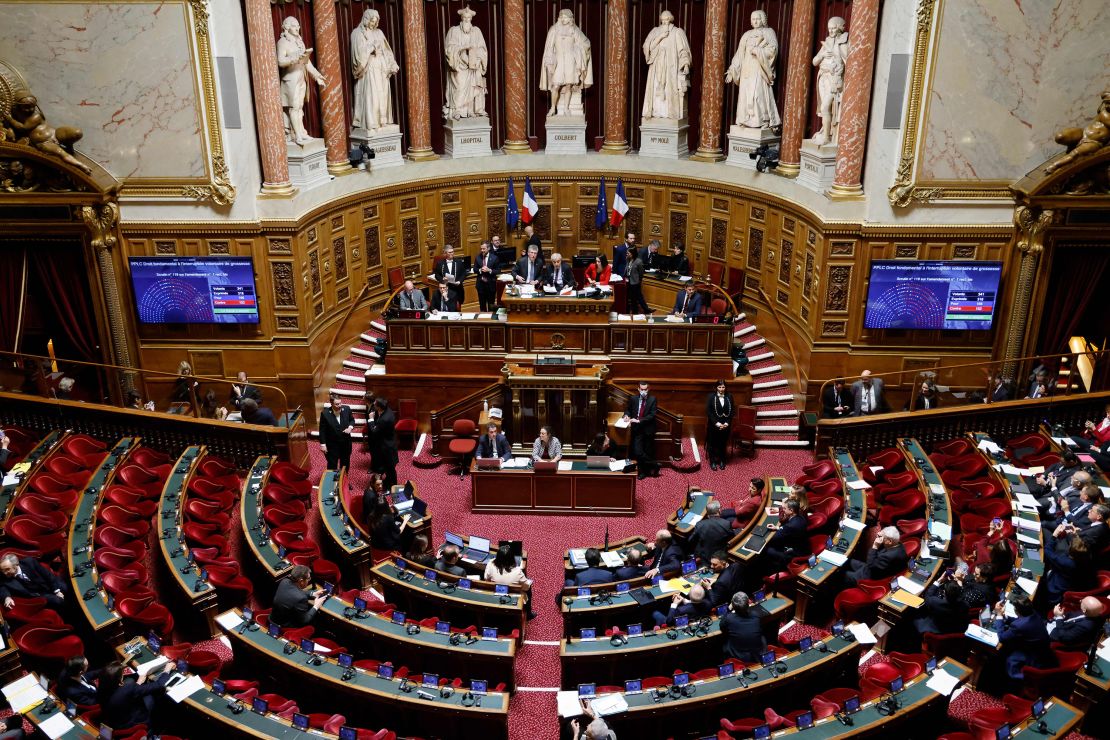 This photograph taken on February 1, 2023, shows  screens displaying the results of the senate vote on a draft law for the constitutionalisation of the right to abortion at the Senate in Paris. - France's senate voted favorably to codify abortion rights into its constitution.