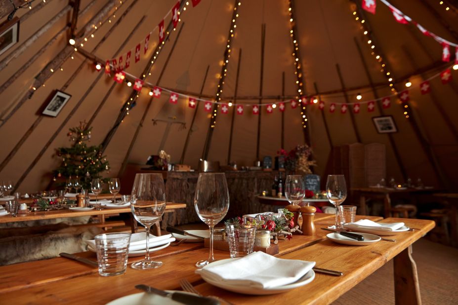 <strong>Four Seasons Hotel Hampshire:</strong> A tented alpine pop-up restaurant, Off Piste, is part off the holiday program at this 18th-century manor hotel an hour outside of London.