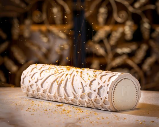<strong>Royal Mansour:</strong> Holiday menus created by Michelin-star chefs draw guests to the Royal Mansour in Marrakech, Morocco. This elegant bûche de Noël features mango and gingerbread.