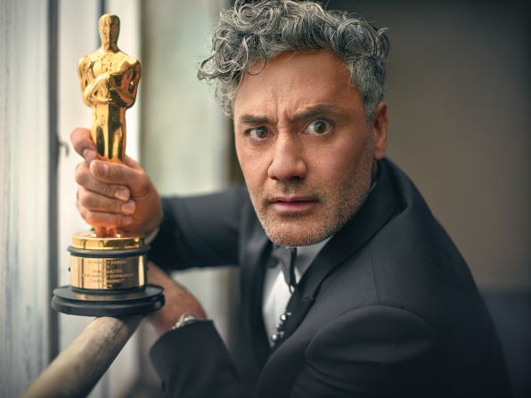 Taika Waititi, seemingly stunned to be holding an Oscar of his own. (Waititi won out in the Best Adapted Screenplay category at the 2020 Academy Awards, for his work on "Jojo Rabbit.")