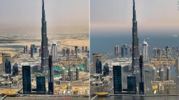 A before-and-after photo illustration of the Burj Khalifa in Dubai, United Arab Emirates, depicting what it could look like if we sharply cut carbon pollution (1.5°C global warming), and if we keep our current carbon path (3°C global warming).