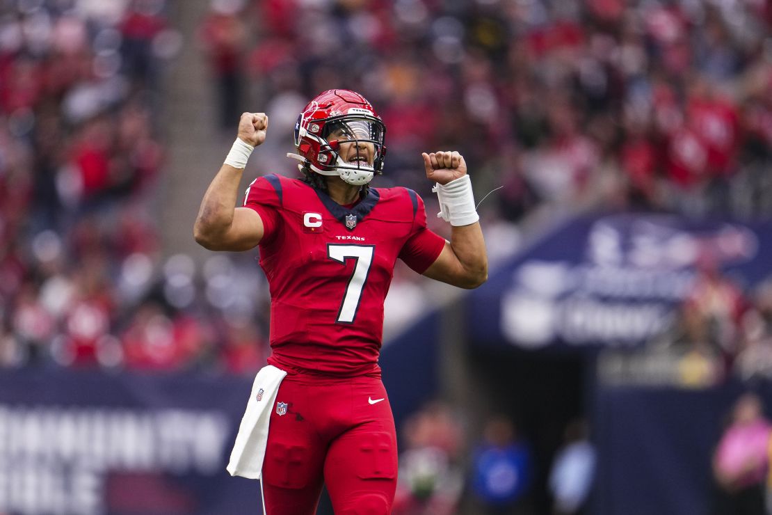 HOUSTON, TX - NOVEMBER 26: C.J. Stroud #7 of the Houston Texans celebrates during an NFL football game against the Jacksonville Jaguars at NRG Stadium on November 26, 2023 in Houston, Texas. (Photo by Cooper Neill/Getty Images)