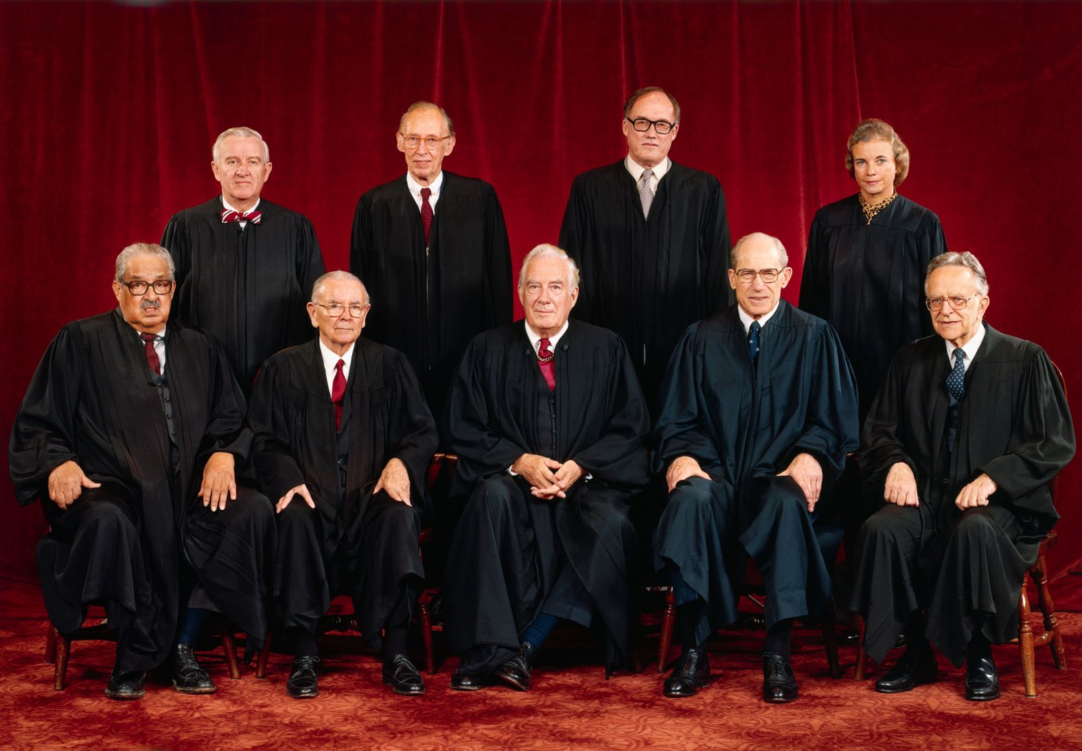 O'Connor poses with other Supreme Court justices for an official photo in 1982. With O'Connor in the back row, from left, are John Paul Stevens, Lewis F. Powell Jr. and William Rehnquist. In the front row, from left, are Thurgood Marshall, William J. Brennan Jr., Chief Justice Warren Burger, Byron White and Harry Blackmun.