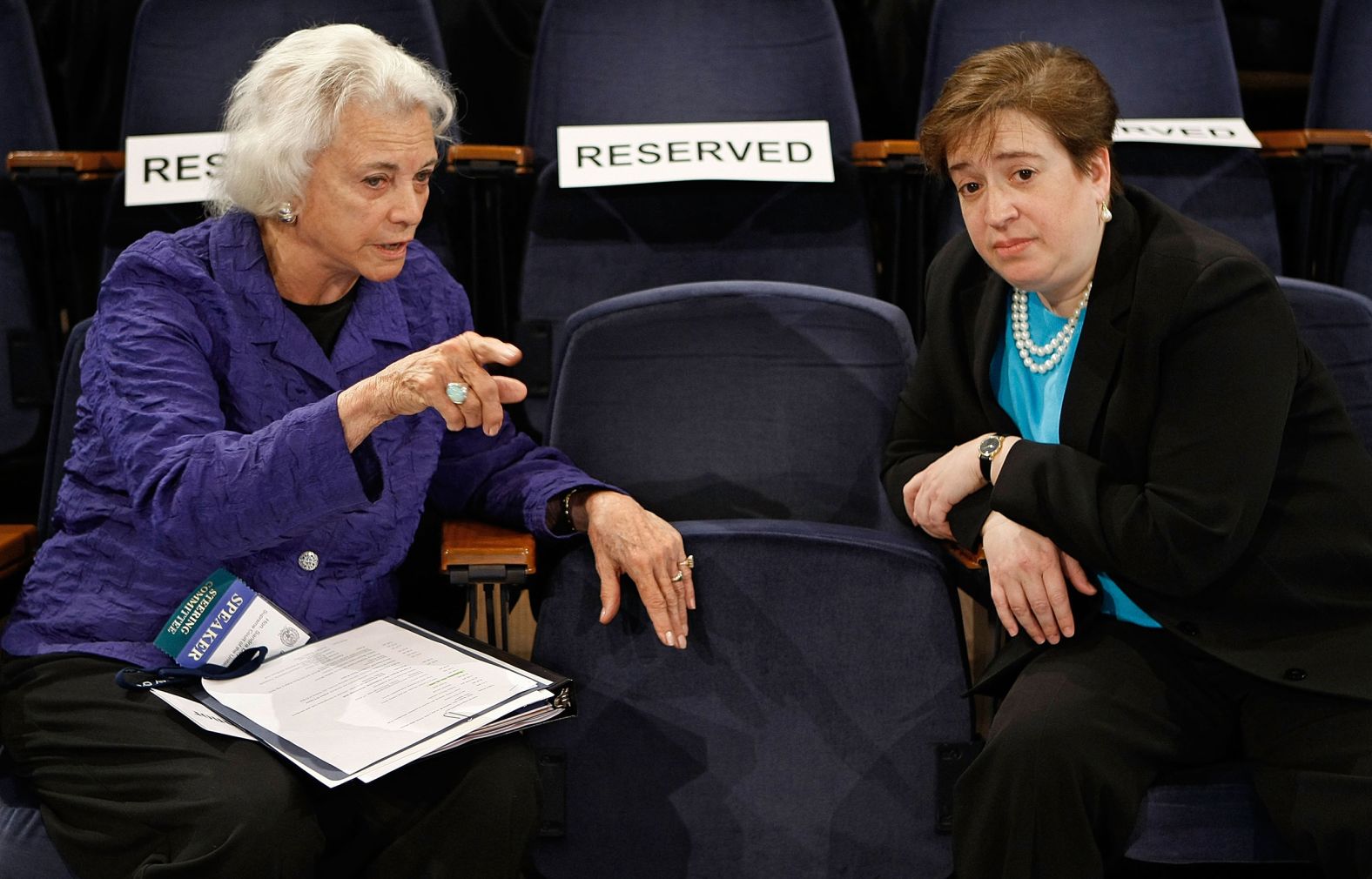 O'Connor talks with Solicitor General Elena Kagan during a forum in Washington, DC, in 2009. Kagan was nominated to the Supreme Court in 2010.