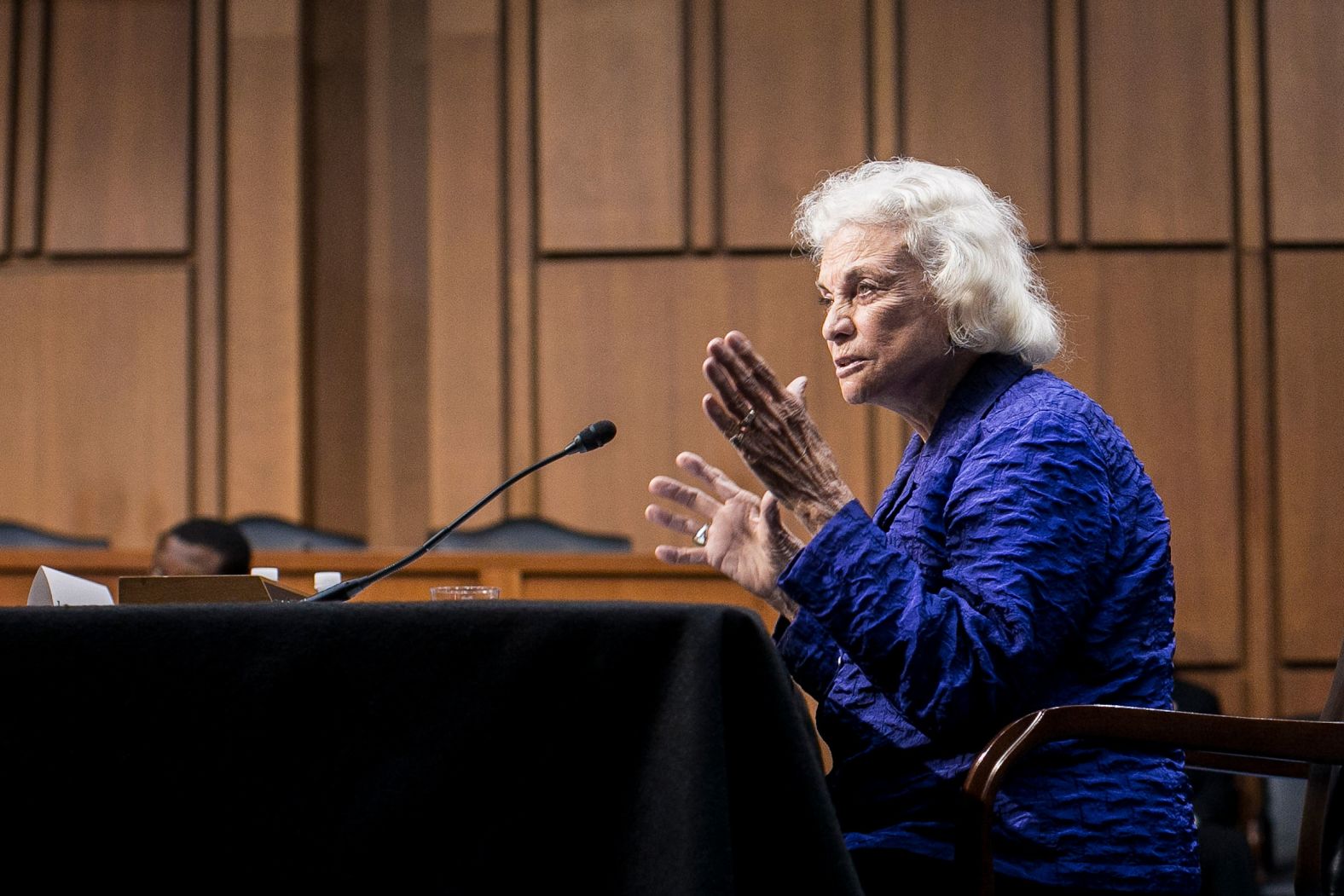 O'Connor testifies before the Senate Judiciary Committee in 2012. She spoke to the necessity for civics education in maintaining an independent judiciary. She also expressed doubt about the process in some states of electing judges, and about the validity of asking Supreme Court nominees how they would vote in the future.