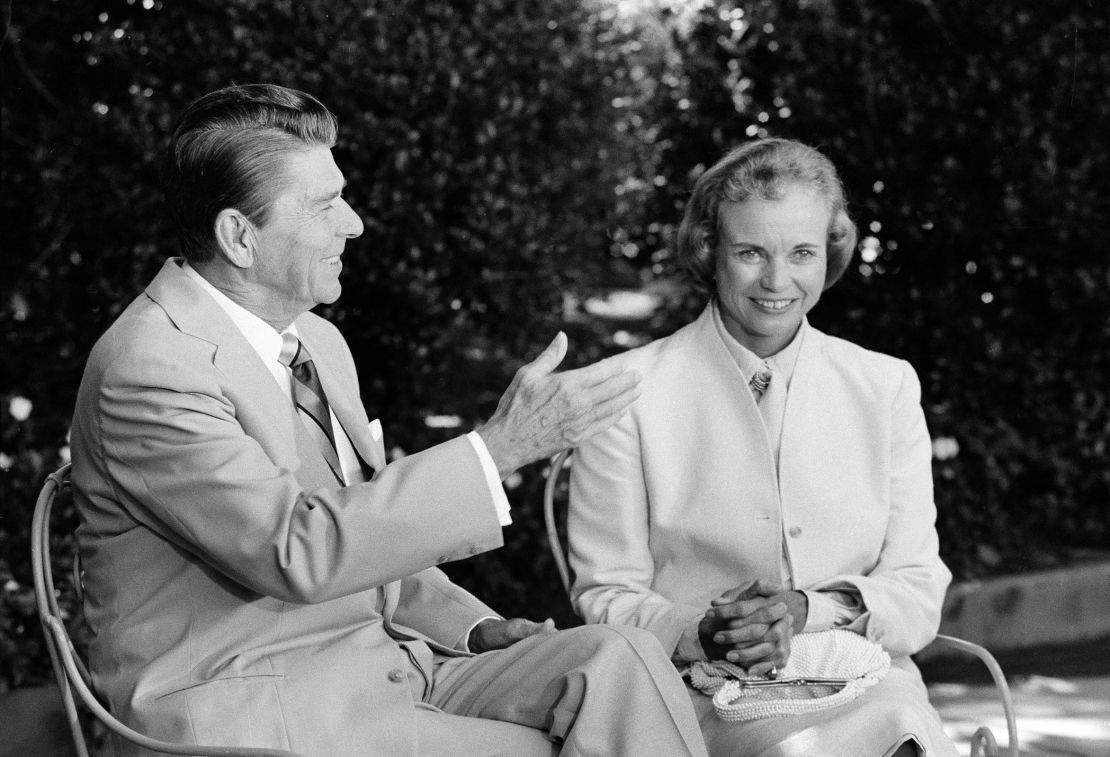 President Reagan presents his Supreme Court nominee Sandra Day O'Connor to members of the press, July 15, 1981, in the Rose Garden at the White House prior to the start of a meeting between the two which took place in the Oval Office.  (AP Photo)