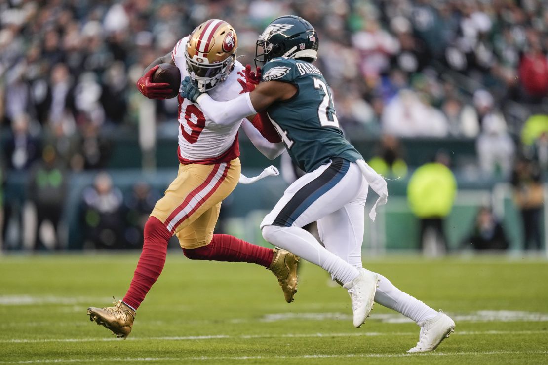 San Francisco 49ers wide receiver Deebo Samuel, left, is tackled by Philadelphia Eagles cornerback James Bradberry during the first half of the NFC Championship NFL football game between the Philadelphia Eagles and the San Francisco 49ers on Sunday, Jan. 29, 2023, in Philadelphia. (AP Photo/Matt Slocum)