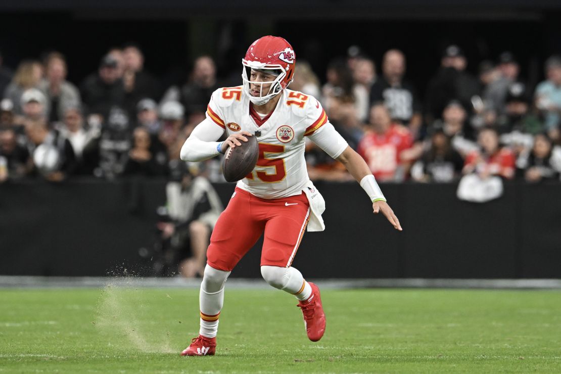 LAS VEGAS, NEVADA - NOVEMBER 26: Quarterback Patrick Mahomes #15 of the Kansas City Chiefs runs the ball in the third quarter against the Las Vegas Raiders at Allegiant Stadium on November 26, 2023 in Las Vegas, Nevada. The Chiefs defeated the Raiders 31-17. (Photo by Candice Ward/Getty Images)