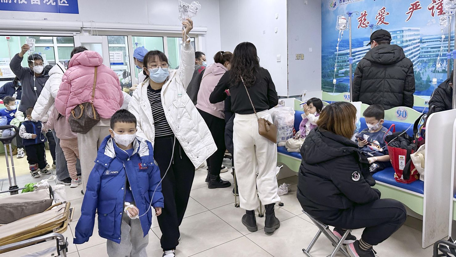Children are hooked up to intravenous drips at a hospital in Beijing on Nov. 29, 2023, amid a pneumonia outbreak among children in the country. (Photo by Kyodo News via Getty Images)