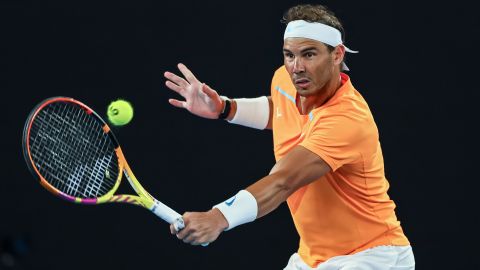 Jan 18, 2023; Melbourne, VICTORIA, Australia; Rafael Nadal during his second round match against Mackenzie Mcdonald on day three of the 2023 Australian Open tennis tournament at Melbourne Park. Mandatory Credit: Mike Frey-USA TODAY Sports