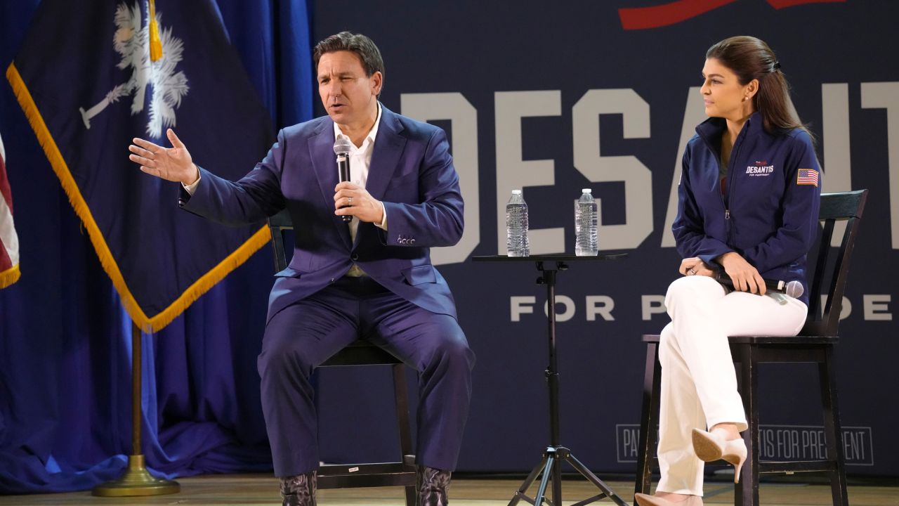 Florida Gov. Ron DeSantis, left, speaks during an event for his GOP presidential campaign as his wife Casey DeSantis looks on, on Friday, Dec. 1, 2023, in Prosperty, S.C. DeSantis is making a daylong swing through South Carolina, which holds the first southern Republican presidential primary of the 2024 campaign. (AP Photo/Meg Kinnard)