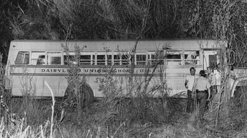 The Dairyland Union School bus from which 26 elementary school children and their bus driver were kidnapped near Chowchilla, California, July 16th 1976. The empty bus, camouflaged with foliage, was found abandoned. (Photo by UPI/Bettmann/Getty Images)