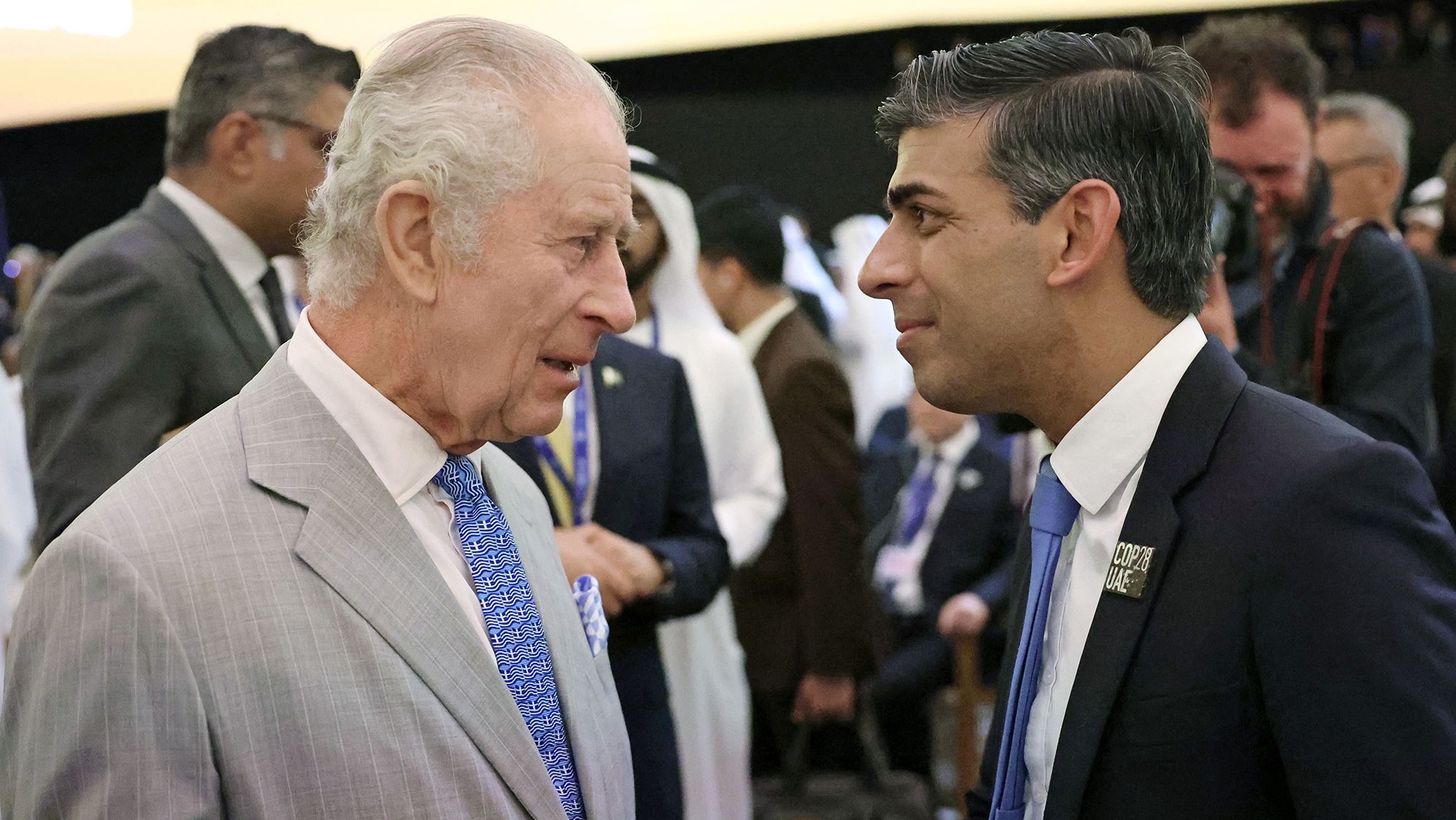 DUBAI, UNITED ARAB EMIRATES - DECEMBER 01: King Charles III and Prime Minister of the United Kingdom Rishi Sunak attend the opening ceremony of the World Climate Action Summit during COP28 on December 01, 2023 in Dubai, United Arab Emirates. The King is visiting Dubai to attend COP28 UAE, the United Nation's Climate Change Conference.  (Photo by Chris Jackson/Getty Images)