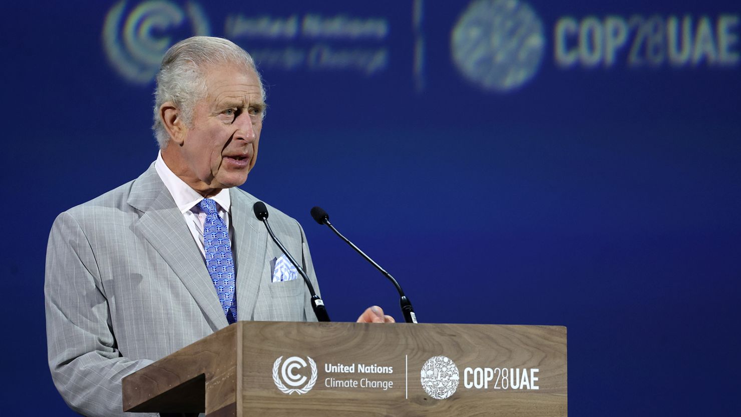 King Charles III delivers an address at the opening ceremony of the World Climate Action Summit during COP28 on December 01, 2023 in Dubai, United Arab Emirates. The King is visiting Dubai to attend COP28 UAE, the United Nation's Climate Change Conference.  (Photo by Chris Jackson/Getty Images)