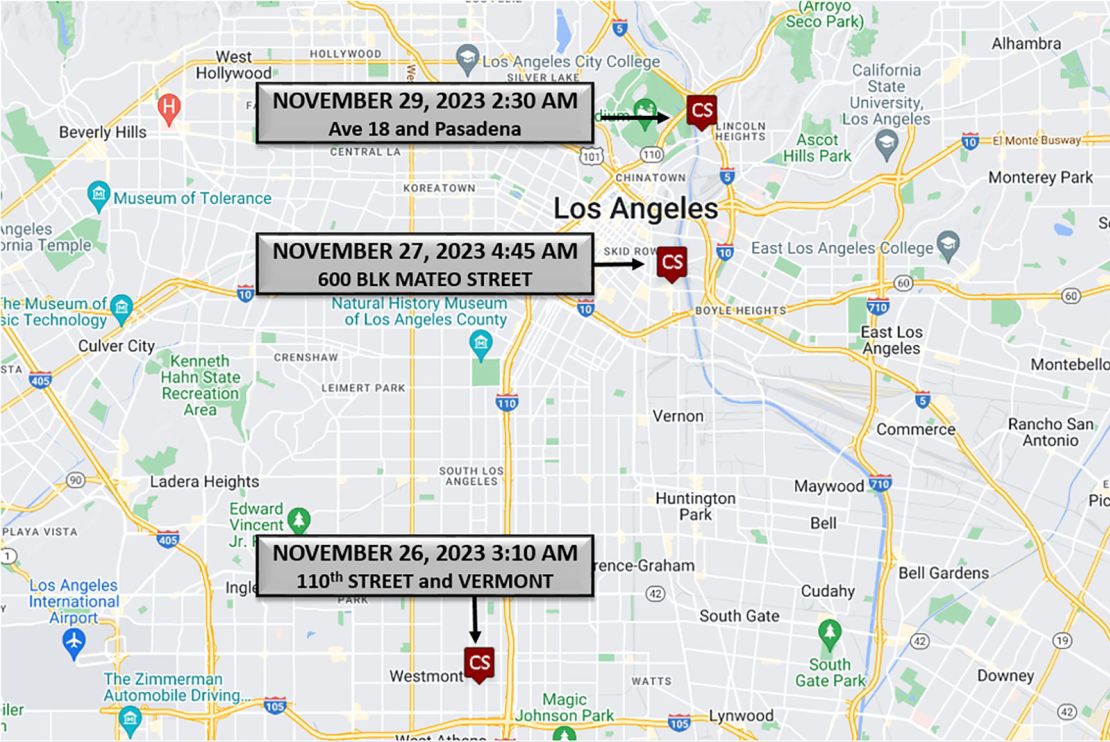 The Los Angeles Police Department shared a map of the three locations where three unhoused men were recently killed.