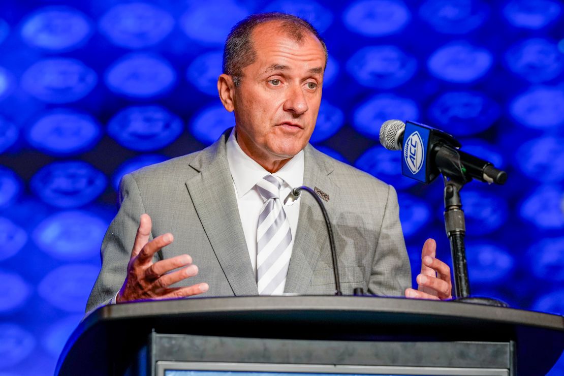 Jul 25, 2023; Charlotte, NC, USA;  ACC commissioner James Phillips speaks to the media during ACC Media Days at The Westin Charlotte. Mandatory Credit: Jim Dedmon-USA TODAY Sports
