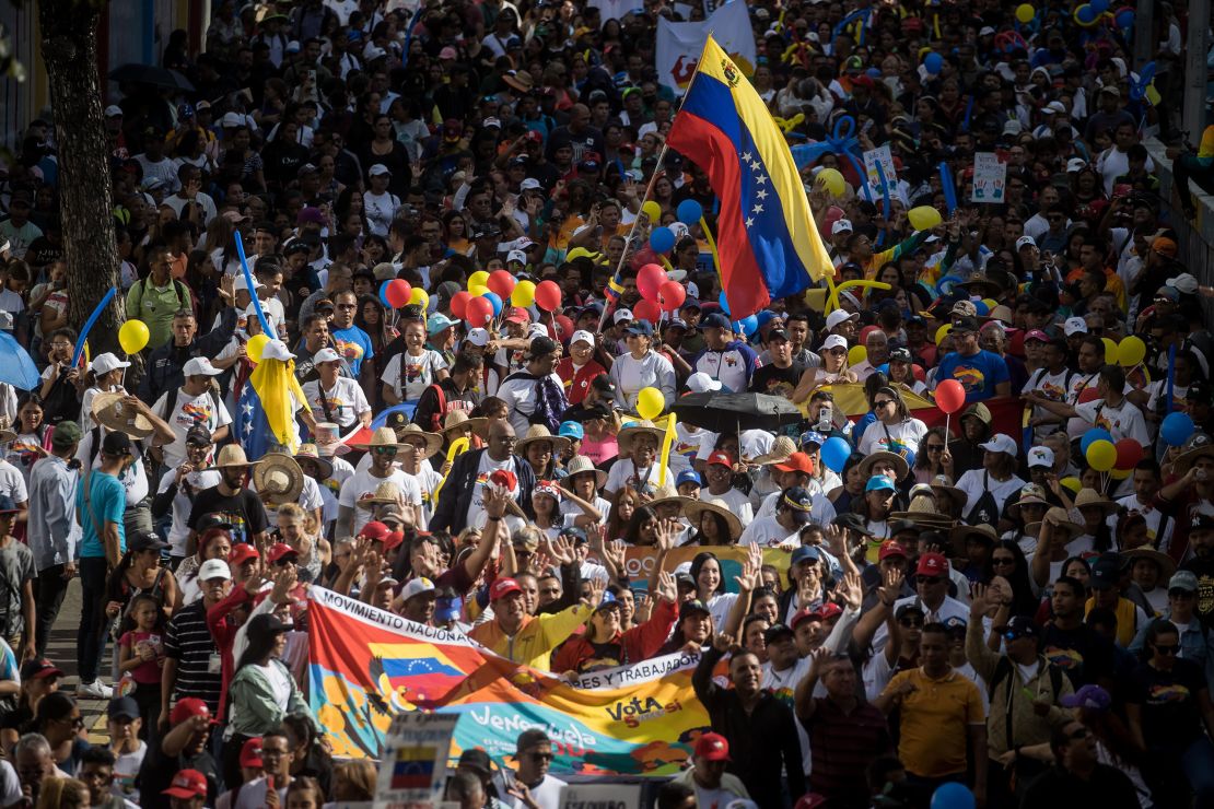 Mandatory Credit: Photo by MIGUEL GUTIERREZ/EPA-EFE/Shutterstock (14240633r)Dozens of people participate in a rally during the closing of the campaign for the Essequibo referendum, in Caracas, Venezuela, 01 December 2023. The electoral consultation for Essequibo will be held on 03 December throughout Venezuela. A total of 20,694,124 voters are eligible to vote in the referendum that will ask people their position on the territory being controlled by Guyana but claimed by Venezuela.Nicolas Maduro attends the closing of the Essequibo territory referendum, Caracas, Venezuela - 01 Dec 2023