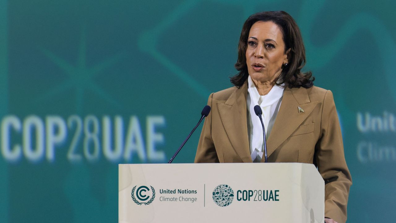 US Vice President Kamala Harris speaks during the Tripling Renewable Energy and Doubling Energy Efficiency by 2030 session at the COP28 United Nations climate summit in Dubai on December 2, 2023.