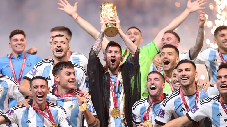 Lionel Messi of Argentina lifts the FIFA World Cup Qatar 2022 Winner's Trophy during the FIFA World Cup Qatar 2022 Final match between Argentina and France at Lusail Stadium on December 18, 2022 in Lusail City, Qatar.