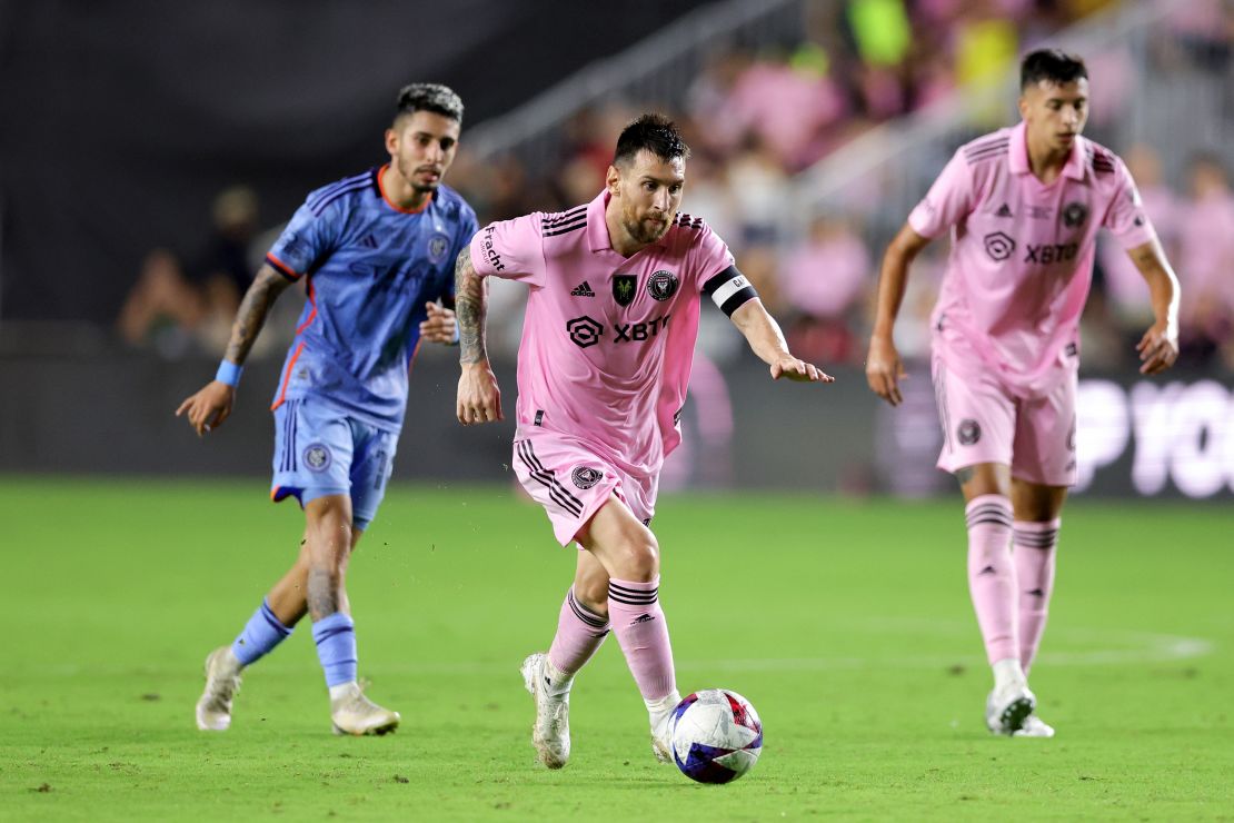 Lionel Messi #10 of Inter Miami CF controls the ball against the New York City FC during the second half in the Noche d'Or friendly match at DRV PNK Stadium on November 10, 2023 in Fort Lauderdale, Florida.