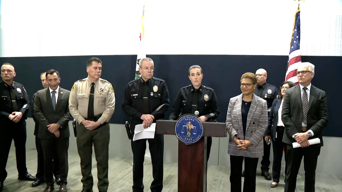Los Angeles authorities gathered at a news conference Saturday to announce the arrest of a suspect in the killings of three homeless community members.