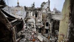 TOPSHOT - This picture shows the partially destroyed Mariupol drama theatre, bombed last March 16, in Mariupol on April 12, 2022, as Russian troops intensify a campaign to take the strategic port city, part of an anticipated massive onslaught across eastern Ukraine, while Russia's President makes a defiant case for the war on Russia's neighbour. - *EDITOR'S NOTE: This picture was taken during a trip organized by the Russian military.* (Photo by Alexander NEMENOV / AFP) (Photo by ALEXANDER NEMENOV/AFP via Getty Images)