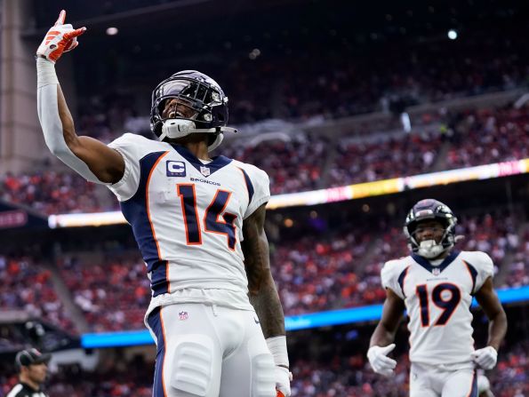 Denver Broncos wide receiver Courtland Sutton celebrates after catching a 45-yard touchdown pass on December 3. The Broncos lost to the Houston Texans 22-17.