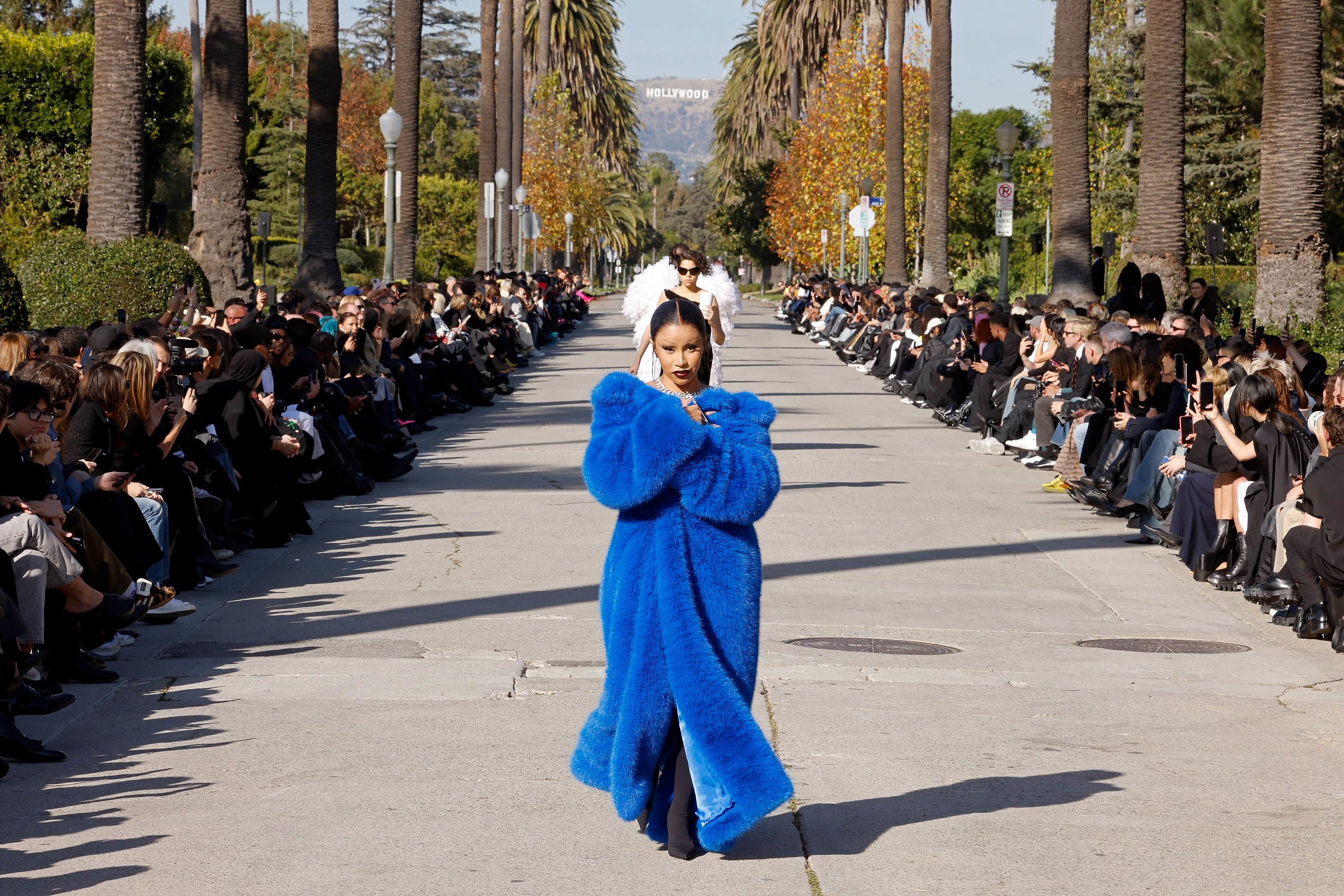 Cardi B makes runway debut in dramatic faux fur coat at Balenciaga LA show