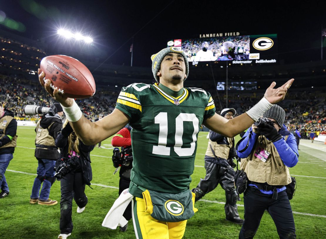 Green Bay Packers' Jordan Love reacts at the end of an NFL football game against the Kansas City Chiefs Sunday, Dec. 3, 2023, in Green Bay, Wis. (AP Photo/Jeffrey Phelps