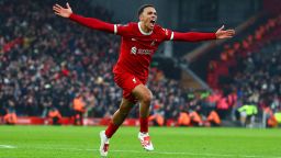 LIVERPOOL, ENGLAND - DECEMBER 03: Trent Alexander-Arnold of Liverpool celebrates scoring his side's fourth goal during the Premier League match between Liverpool FC and Fulham FC at Anfield on December 03, 2023 in Liverpool, England. (Photo by Chris Brunskill/Fantasista/Getty Images)