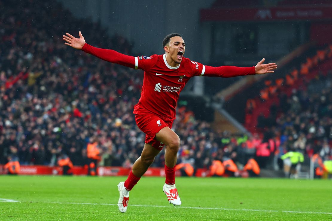LIVERPOOL, ENGLAND - DECEMBER 03: Trent Alexander-Arnold of Liverpool celebrates scoring his side's fourth goal during the Premier League match between Liverpool FC and Fulham FC at Anfield on December 03, 2023 in Liverpool, England. (Photo by Chris Brunskill/Fantasista/Getty Images)