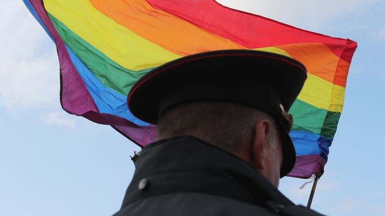 A law enforcement officer stands guard during the LGBT community rally "X St.Petersburg Pride" in central Saint Petersburg, Russia August 3, 2019.