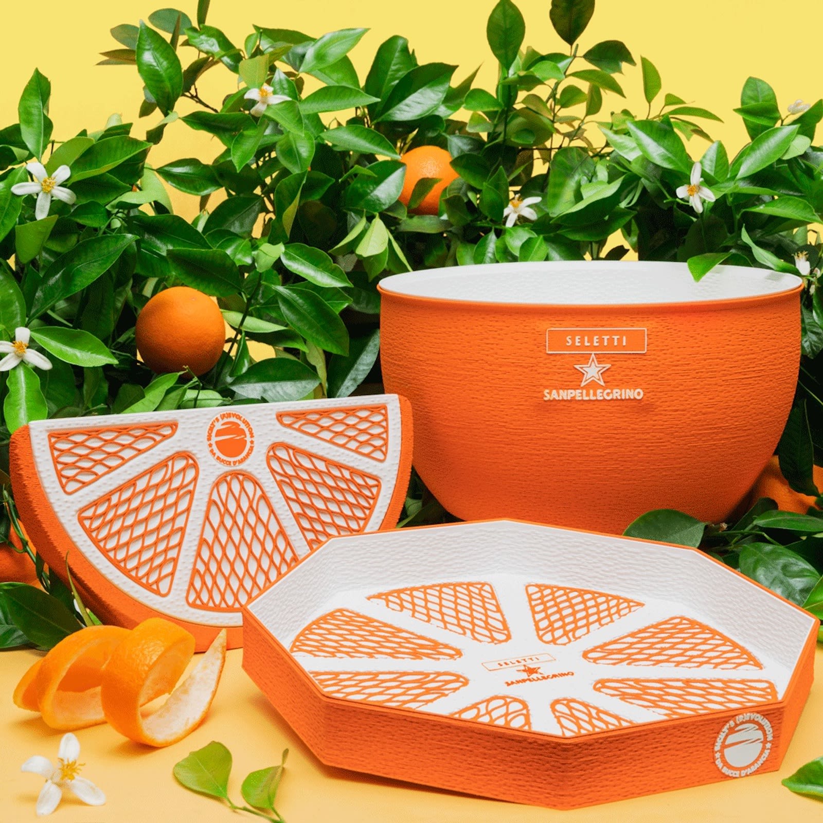 Collaborating with San Pellegrino, Krill created the "Sicily (R)evolution" project, designing a drinks tray, a glacette and a table lamp made with waste from Sicilian oranges.