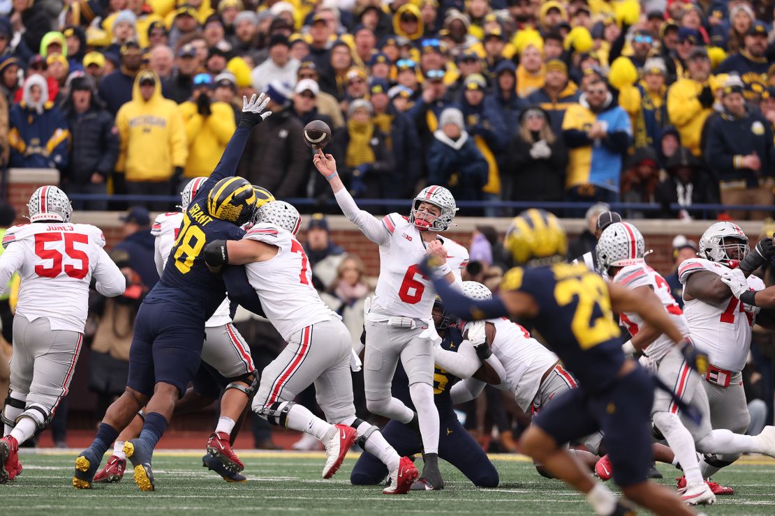 ANN ARBOR, MICHIGAN - NOVEMBER 25: Kyle McCord #6 of the Ohio State Buckeyes plays againstthe Michigan Wolverines at Michigan Stadium on November 25, 2023 in Ann Arbor, Michigan. (Photo by Gregory Shamus/Getty Images)